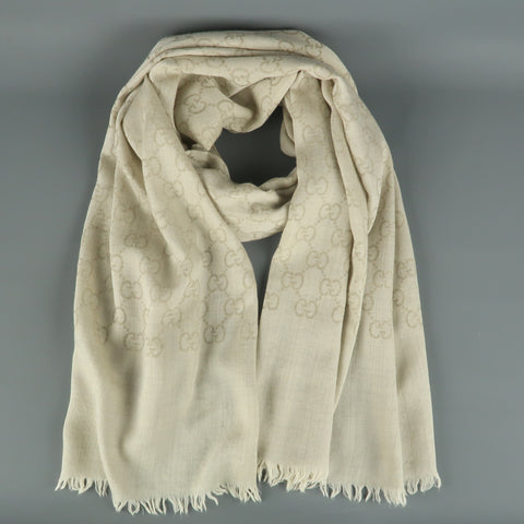GUCCI Oatmeal Beige Wool / Silk Guccissima Monogram Scarf