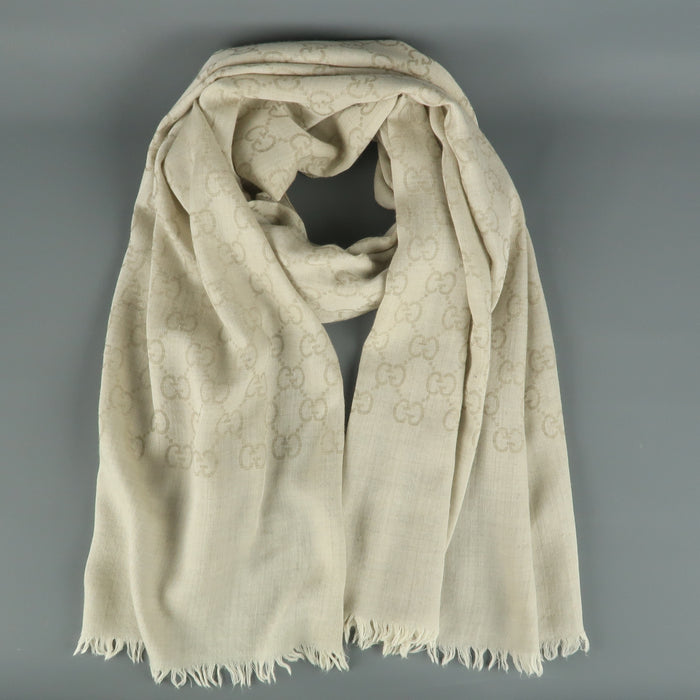 GUCCI Oatmeal Beige Wool / Silk Guccissima Monogram Scarf