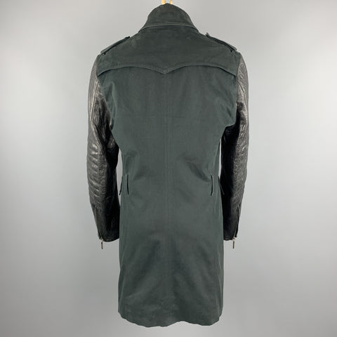 CoSTUME NATIONAL Size M Black Cotton Zip & Buttons Leather Sleeves Long Coat