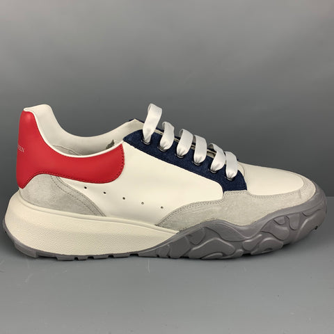 ALEXANDER MCQUEEN Size 11 White Red Blue Color Block Leather Lace Up Sneakers