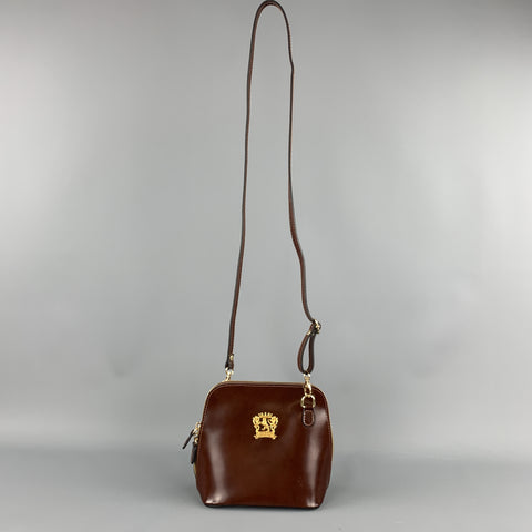 PRATESI Mini sac à bandoulière carré en cuir marron avec fermeture éclair et plaque dorée