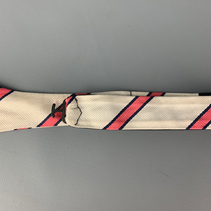 BEN SILVER White Pink Diagonal Stripe Silk Bow Tie