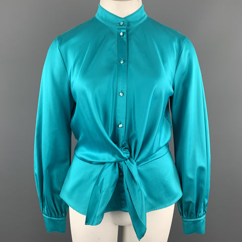 ESCADA Taille 12 Blouse nouée à col bande en satin de coton turquoise