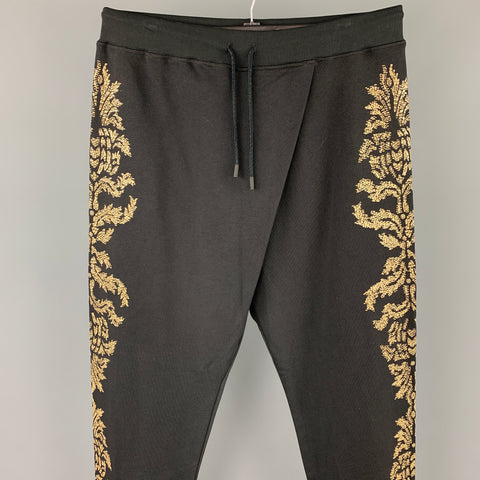 ROBERTO CAVALLI Size 38 Black & Gold Embellishment Cotton Drawstring Casual Pants