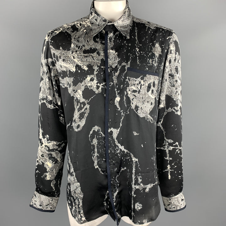 JUST CAVALLI Size XL Black & Grey Print Polyester Button Up Long Sleeve Shirt