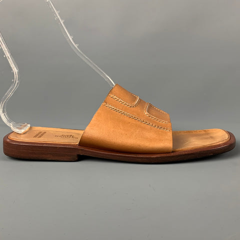HERMES Size 12 Tan Contrast Stitch Leather Slip On Sandals