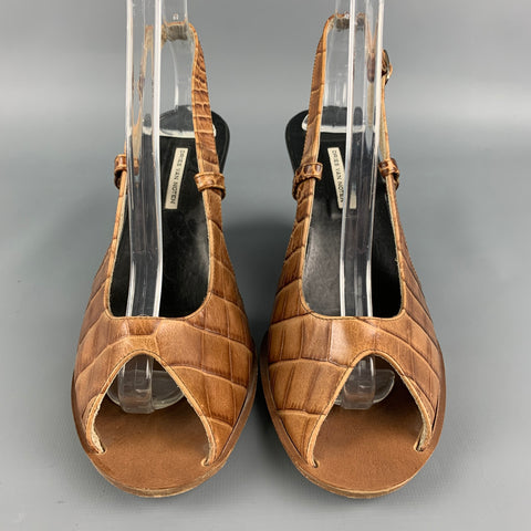 DRIES VAN NOTEN Size 8 Tan & Black Embossed Wedge Peep Toe Sandals