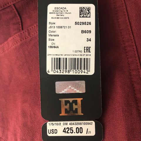 ESCADA Taille 4 Pantalon habillé uni en coton et élasthanne bordeaux
