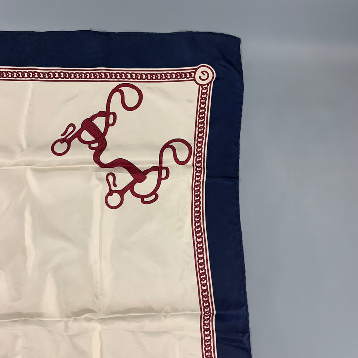 Vintage GUCCI Cream Navy Burgundy Equestrian Silk Twill Scarf