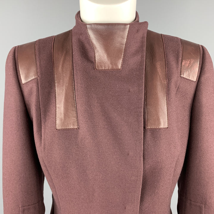 AKRIS Size 8 Burgundy Cashmere Leather Panel High Neck Jacket