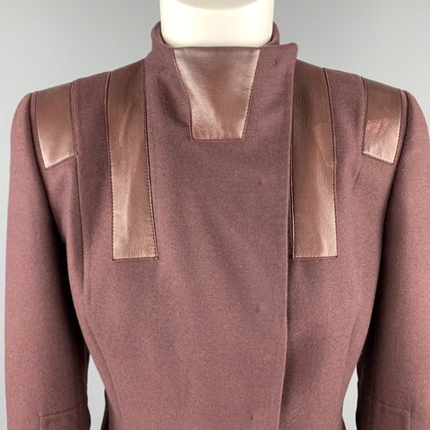 AKRIS Size 8 Burgundy Cashmere Leather Panel High Neck Jacket