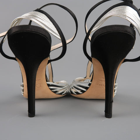 CHRISTIAN DIOR Size 9.5 Black & Silver Silk & Leather Rhinestone T Strap Sandals