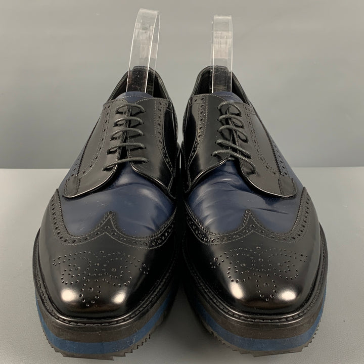 PRADA Size 11 Navy Black Perforated Leather Platform Lace Up Shoes