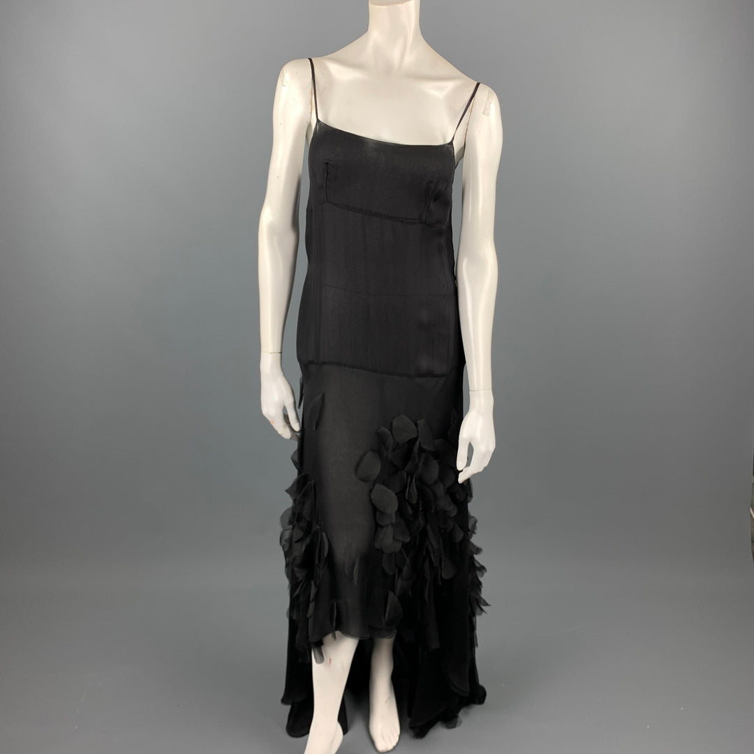 VINTAGE Size 6 Black Rhinestone Applique Silk Spaghetti Strap Cocktail Dress