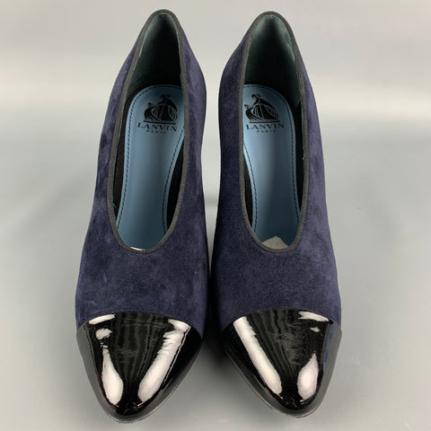 LANVIN Talla 8 Zapatos de tacón con punta de charol de ante azul marino