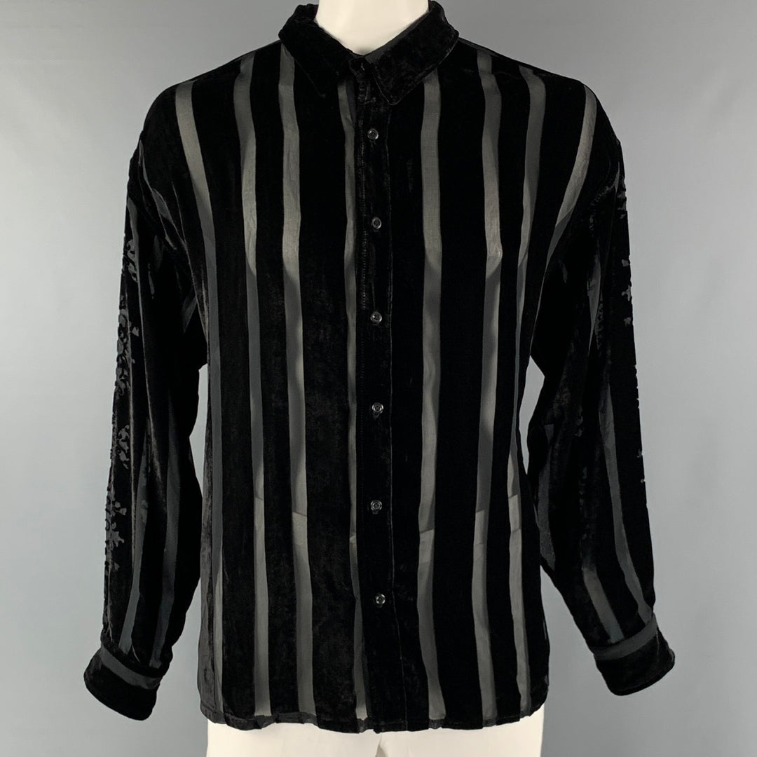 NAHMIAS Talla XL Camisa de manga larga con botones de seda a rayas negras