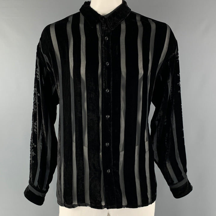 NAHMIAS Talla XL Camisa de manga larga con botones de seda a rayas negras