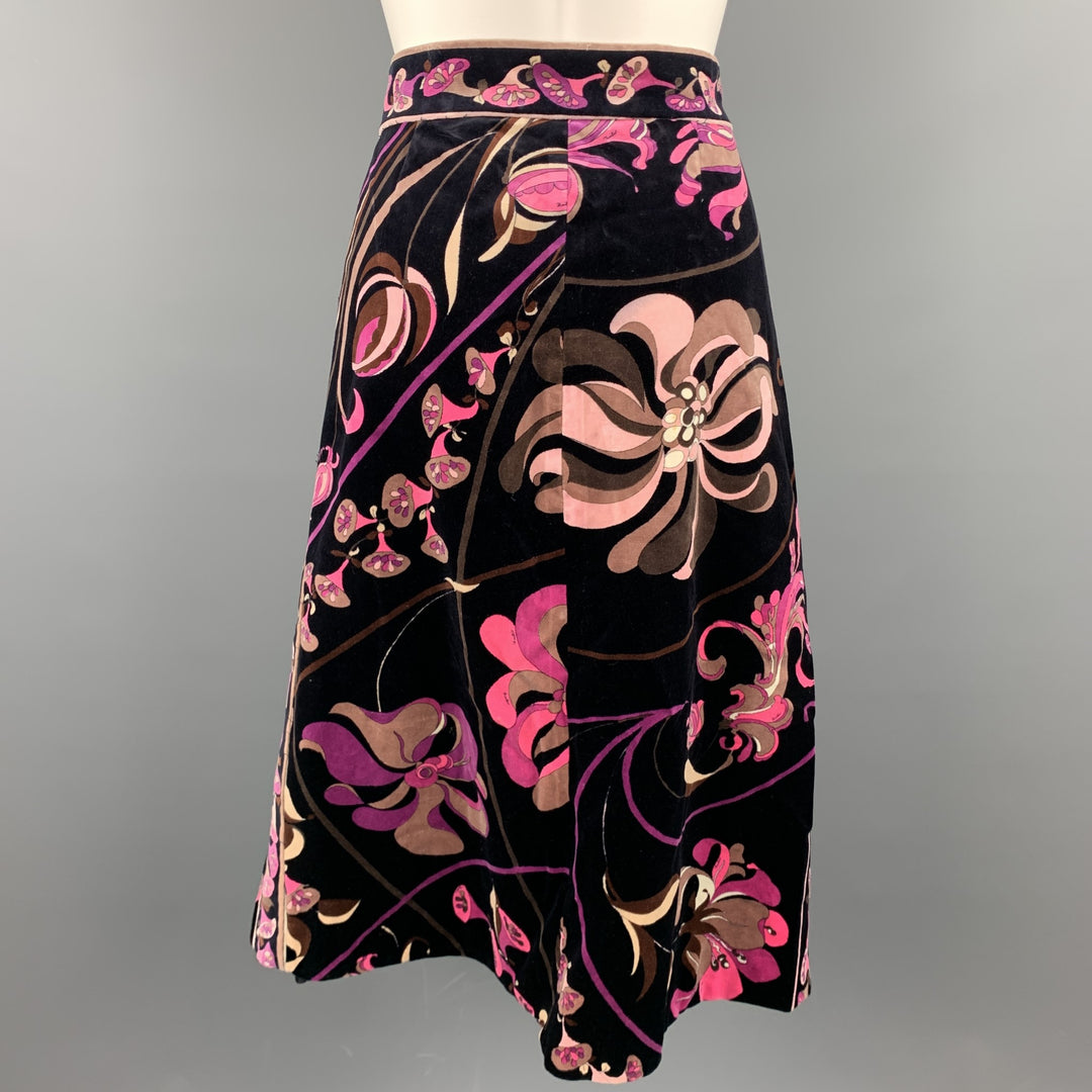 Vintage EMILIO PUCCI Size M Black & Pink Floral Velvet A-Line Skirt