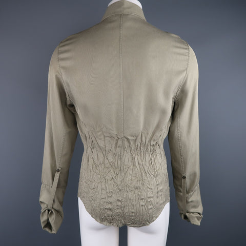 ROBERTO CAVALLI Olive Nailhead Cotton Wrinkled Gathered Waist Long Sleeve Shirt