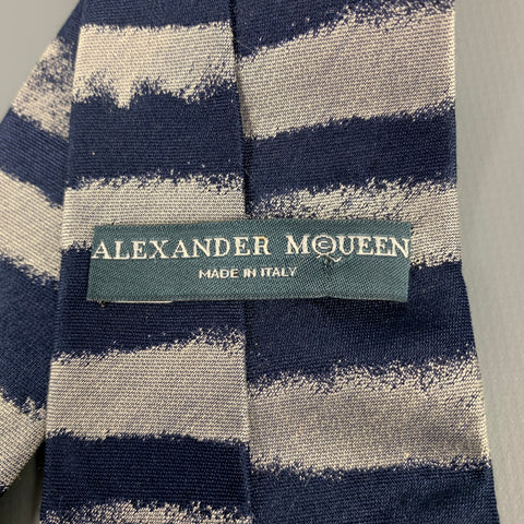 ALEXANDER MCQUEEN Navy & Grey Cotton / Silk Stripe Narrow Tie