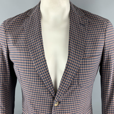 GANT by MICHAEL BASTIAN Size 40 Navy & Olive Plaid Cotton Elbow Patches Sport Coat
