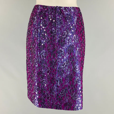 GEOFFREY BEENE Size 6 Purple Silver Lace Below Knee Skirt