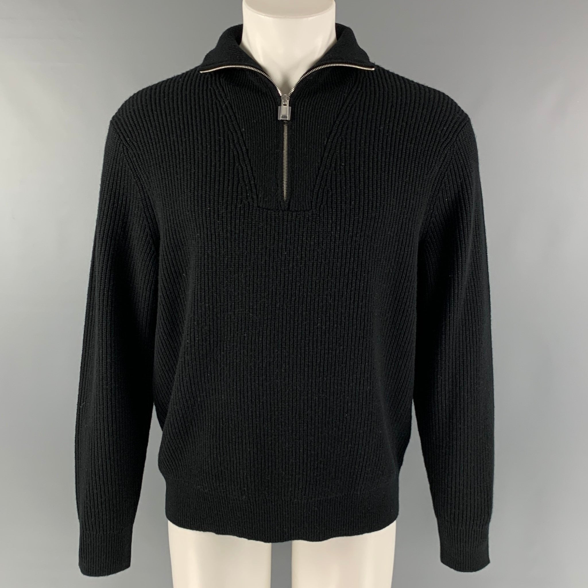 THEORY Size M Black Knit Wool Cashmere 1/4 Zip Sweater