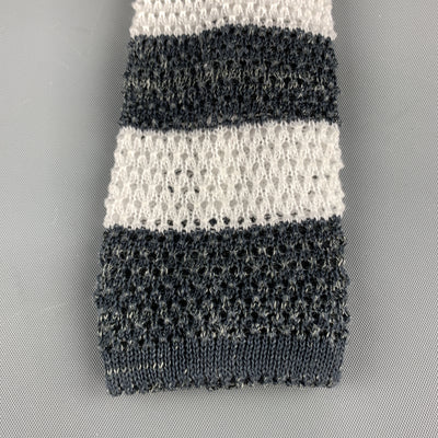 ISAIA Grey & White Striped Cotton / Linen Knit Skinny Tie