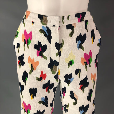 ESCADA Taille 4 Pantalon de costume floral abstrait en mélange de coton multicolore blanc