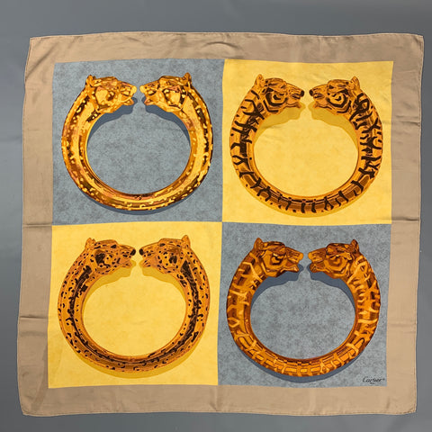 Vintage CARTIER Gold & Grey Twill Silk Scarf