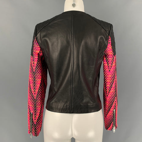 AMERICAN RETRO Kilie Size 2 Black & Fuchsia Boucle Cotton Blend Mixed Fabrics Jacket