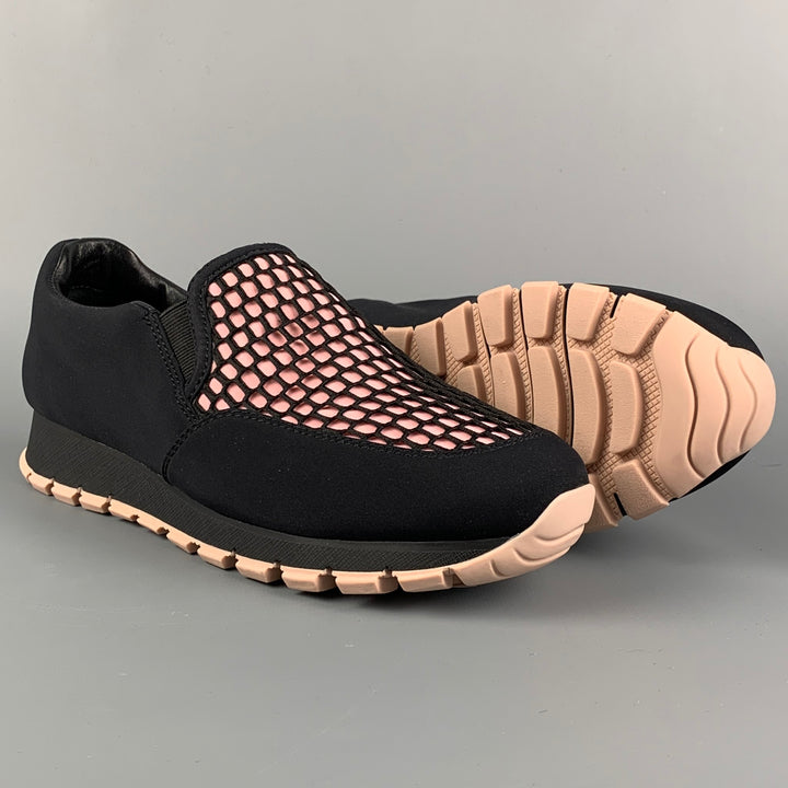 PRADA Size 7.5 Black &  Pink Nylon Mesh Slip Sneakers