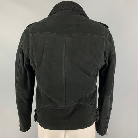 THE KOOPLES Size M Black Leather Shearling Collar Biker Jacket