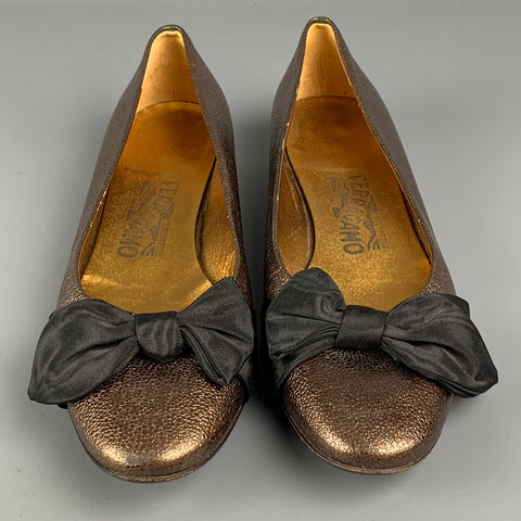 SALVATORE FERRAGAMO Size 7.5 Gold & Black Leather Silk Bow Flats