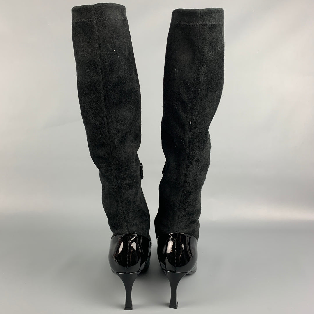 ROGER VIVIER Size 6 Black Suede Two Tone Patent Leather Curved Heel Boots
