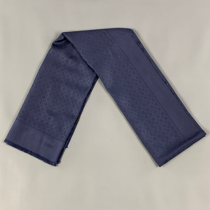 SALVATORE FERRAGAMO Navy Logo Silk Wool Jacquard Scarf