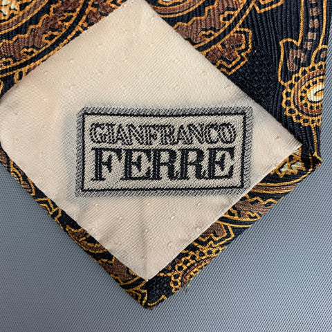 GIANFRANCO FERRE Black & Gold Paisley Print Silk Tie