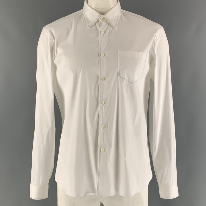PRADA Size L White Light Blue Contrast Stitch Button Up Long Sleeve Shirt