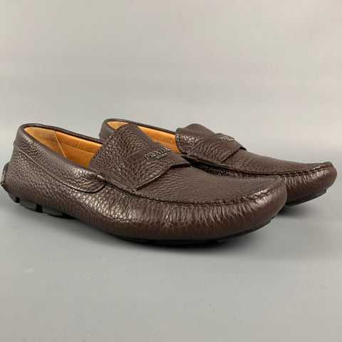 PRADA Size 7 Brown Textured Leather Drivers Loafers