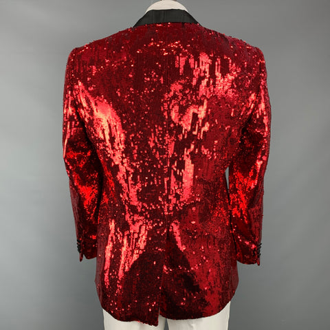 DOLCE & GABBANA Size 44 Regular Red & Black Sequined Peak Lapel Sport Coat