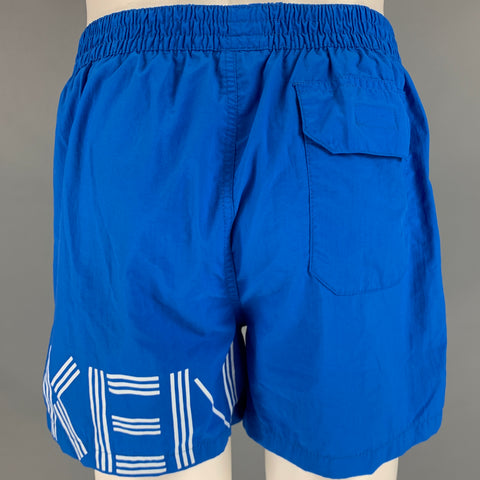KENZO Size M Blue White Logo Nylon Elastic Waistband Swim Trunks