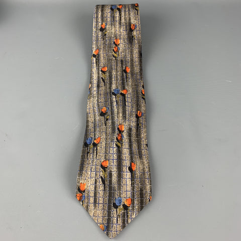 ERMENEGILDO ZEGNA Gray Silk Blue & Orange Flower Tie
