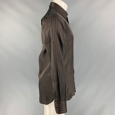 YVES SAINT LAURENT Talla M Camisa de manga larga con puntadas en contraste marrón y blanca