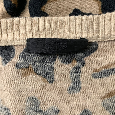 ATM Talla S Jersey con cuello en pico y estampado animal de algodón y cachemira beige y marrón