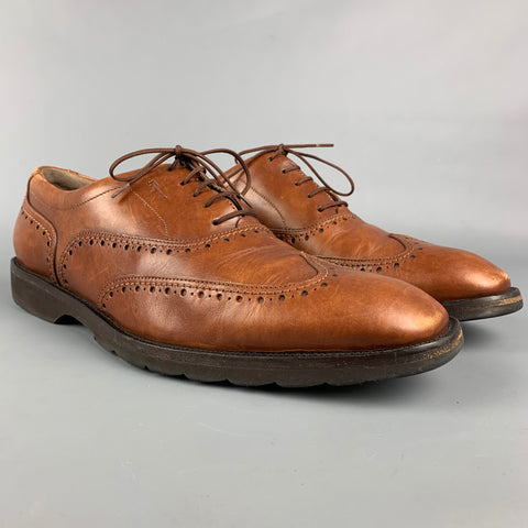 SALVATORE FERRAGAMO Size 11 Tan Perforated Leather Wingtip Lace Up Shoes