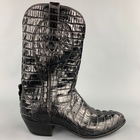 AMMONS Size 9.5 Black Full Hornback Alligator Pull On Cowboy Boots