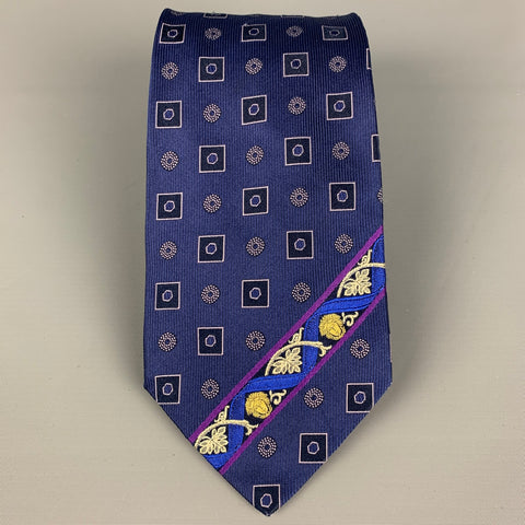 GIANNI VERSACE Navy Black Square Print Silk Tie