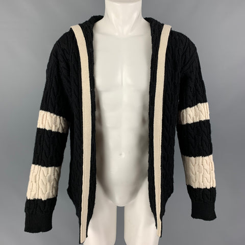 SAINT LAURENT Cárdigan con capucha de lana con bloques de color blanco y negro talla L