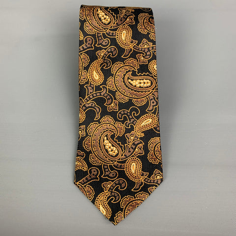 GIANFRANCO FERRE Black & Gold Paisley Print Silk Tie
