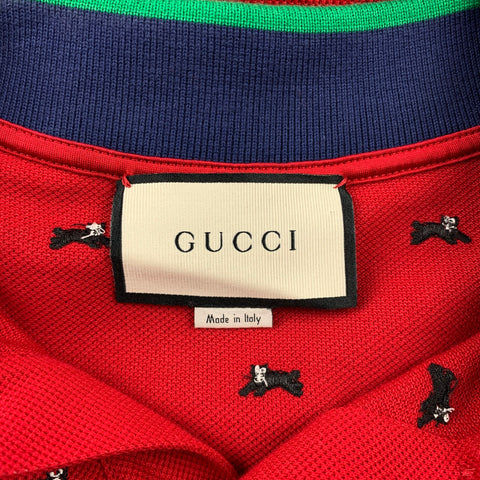 GUCCI Size M Red & Navy Embroidery Pique Buttoned Polo